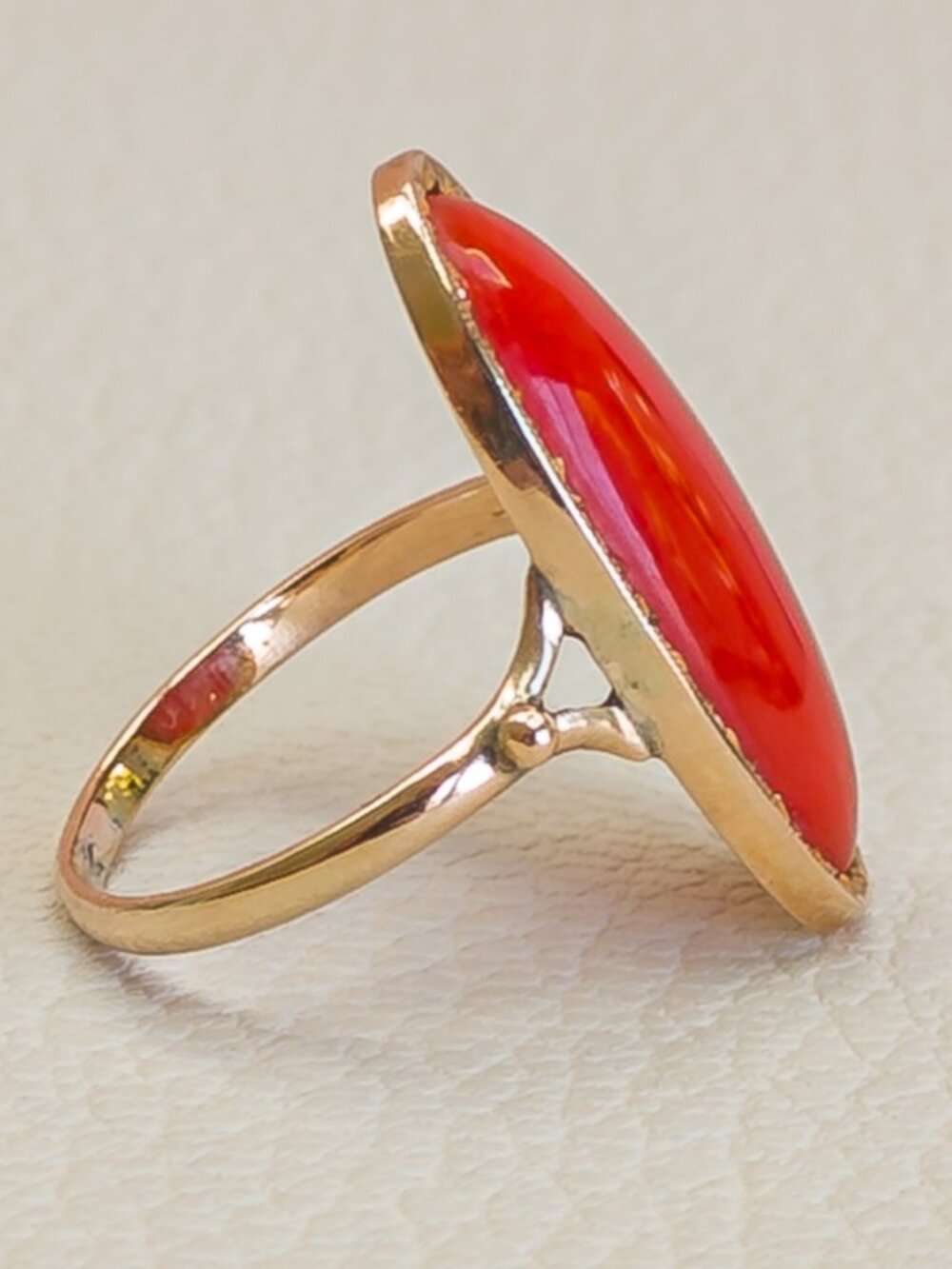 14k Gold Mediterranean Coral Cabochon Ring View 2